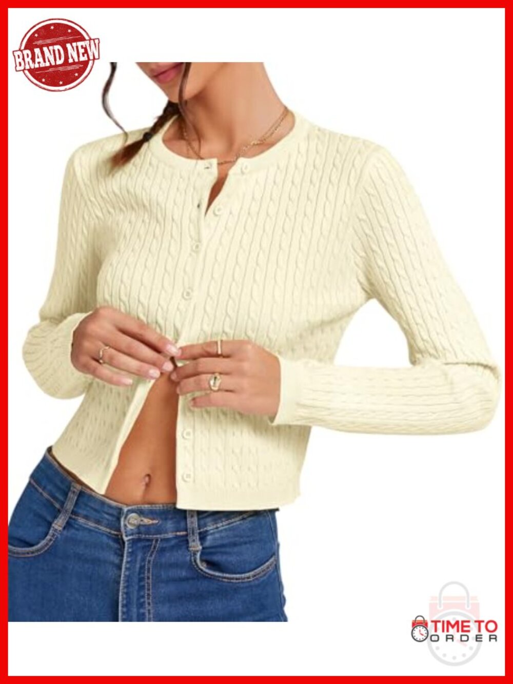 Cropped Cable Knit Cardigan Long Sleeve Button Up Lightweight Sweater